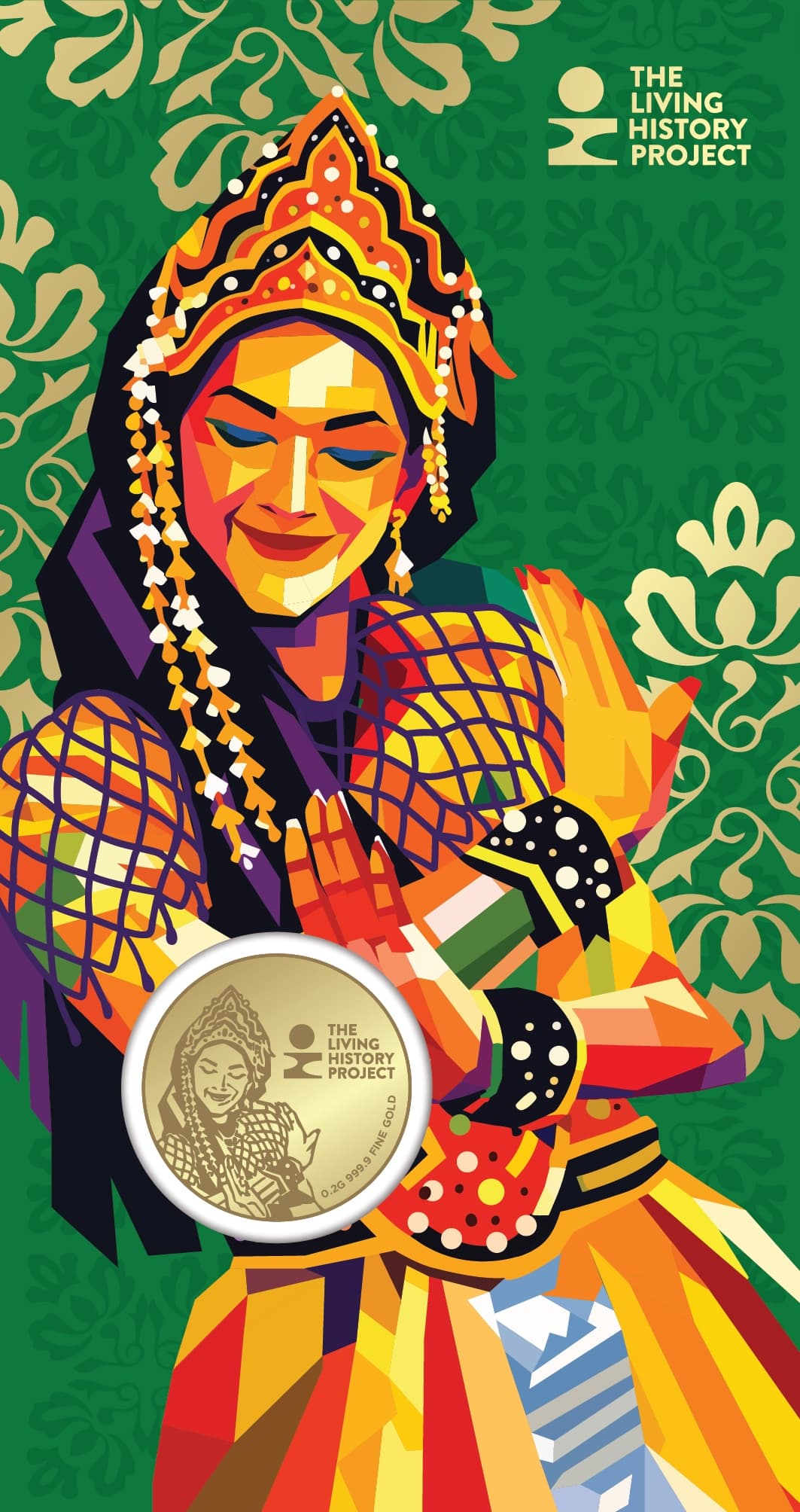 Mak Yong performer in costume and headdress, illustrated in geometric flat colour